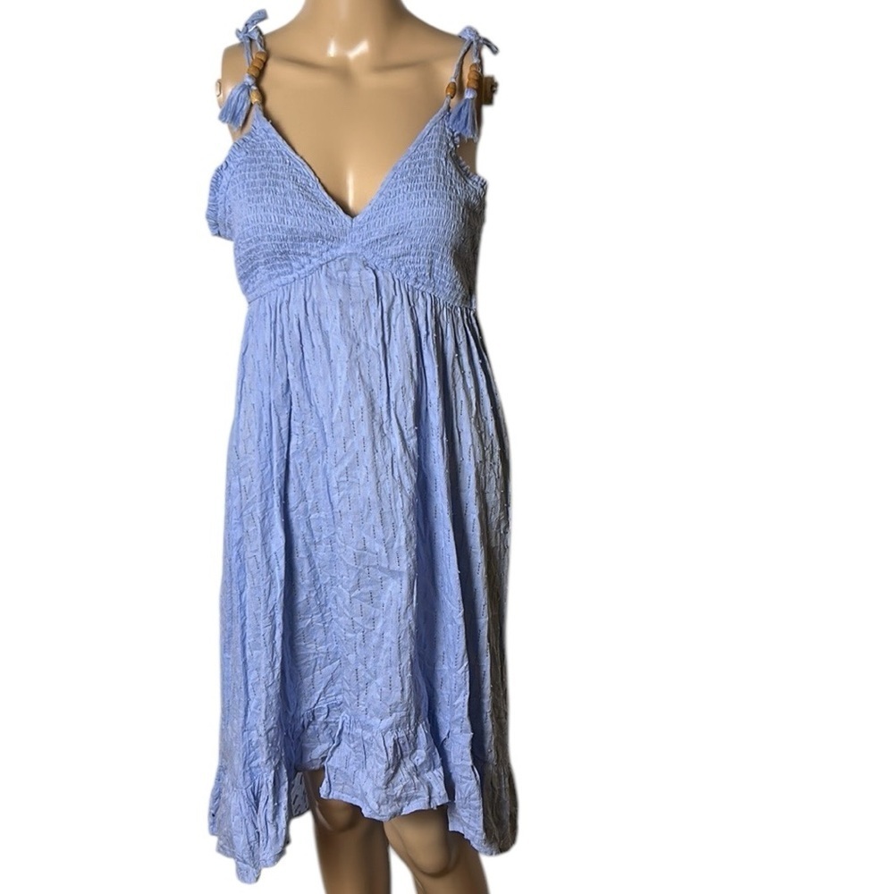 Babydoll dress ,Sm, halter,smocked,eyelet ,fairy, boho,beads,tassels
